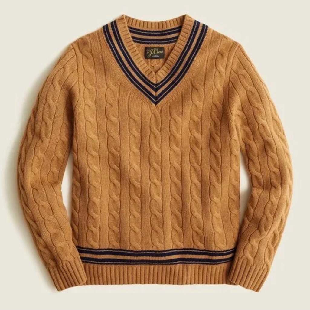 J.Crew Camel Color Heavyweight Cashmere Cable-Knit V-Neck Sweater Size M